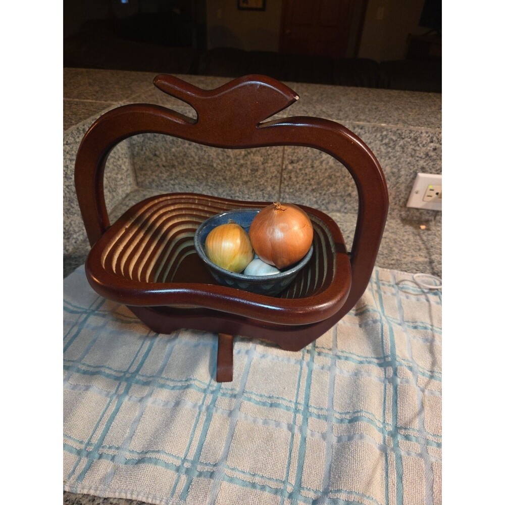 Vintage Collapsible Wooden Apple Fruit Basket & Trivet – Mid-Century Style